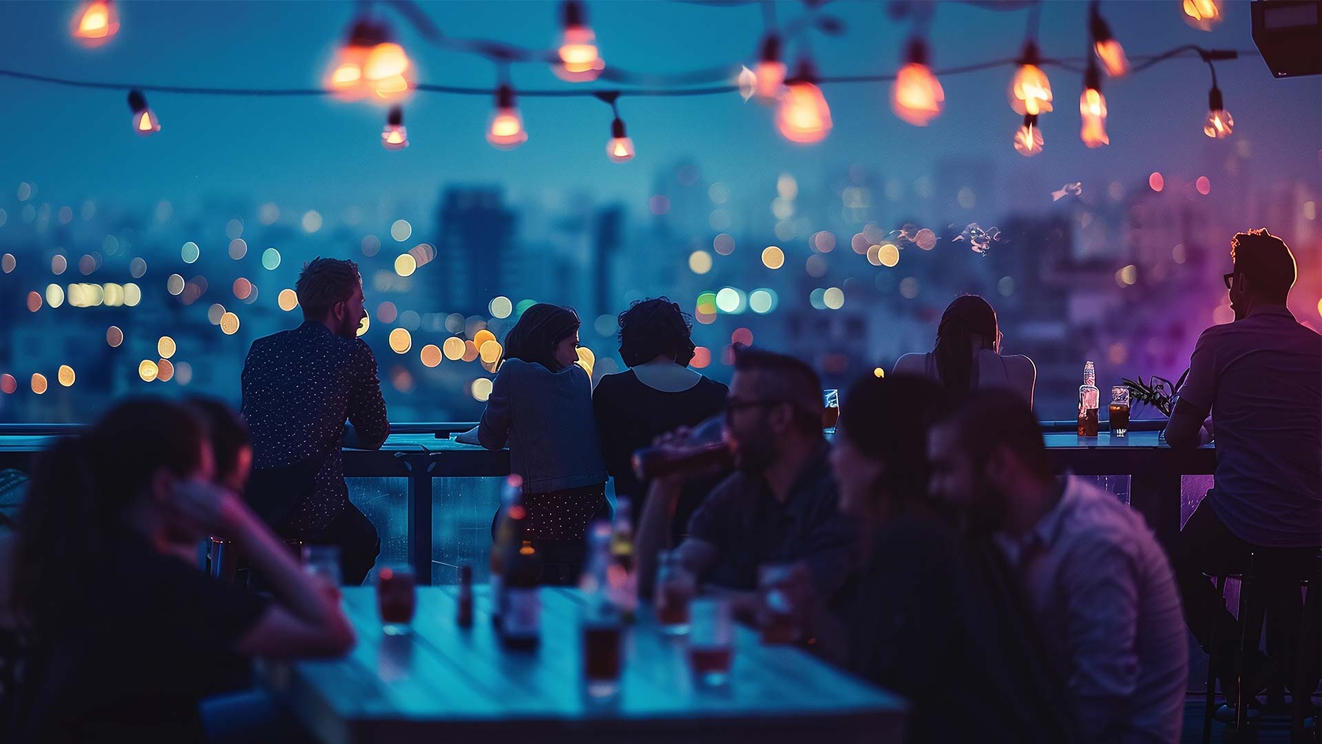 Menschen genießen Ihren Feierabend auf einem Afterwork Event von Zukunft für Finanzberatung in einer Rooftop Location